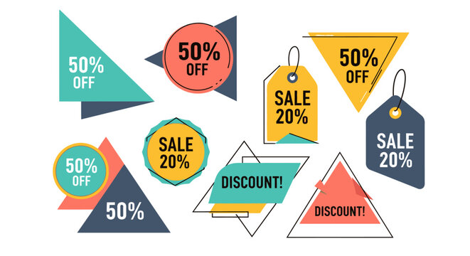 Discount Sale Tags - 50% Off and 20% Off Labels, Geometric Shapes, Marketing Offers