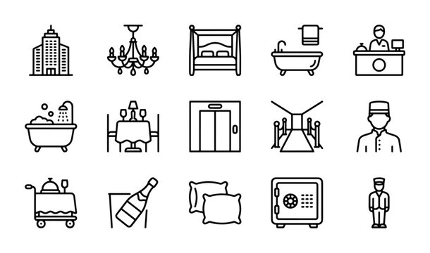 Hotel Icons Set: Building, Chandelier, Bed, Bathtub, Receptionist, Dining, Elevator, Red Carpet, Bellboy, Room Service, Champagne, Pillows, Safe