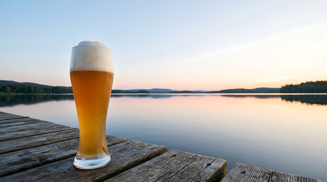 Refreshing Beer on a Wooden Dock by a Calm Lake at Sunset