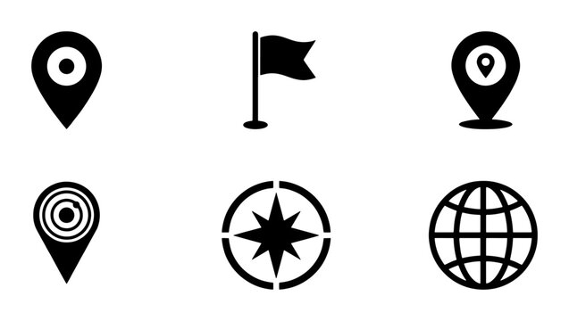 Location Icons Set, Navigation Symbols, Map Pointers, Global Globe, Compass, Flag