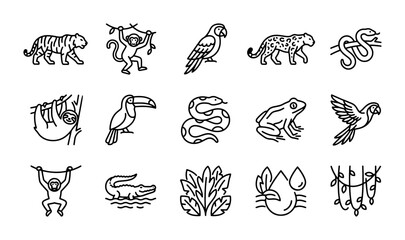Obraz premium Jungle Animals Vector Icons Set: Tropical Wildlife, Exotic Birds, Reptiles, Mammals, Nature Elements