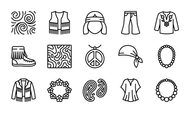 Retro Boho Icons: 15 Peace Signs, Fringe Vest, Bell Bottoms, Hippie Style Vector Set