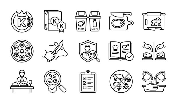 Food Safety Icons: Kosher, Hygiene, Inspection, Cooking, Preparation, 15 Vector Elements