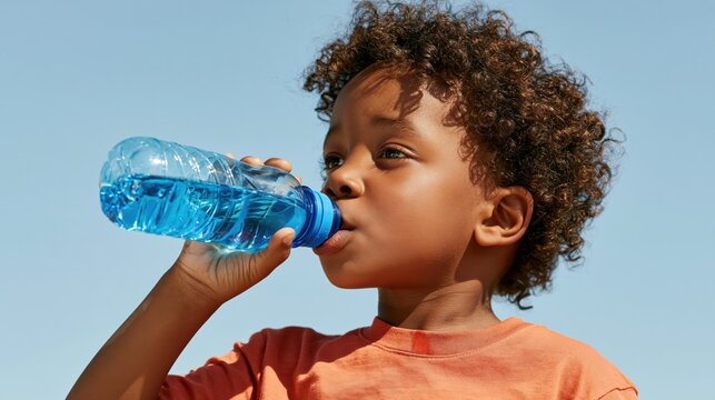 Young boy with curly hair drinks from a blue sports water bottle outdoors