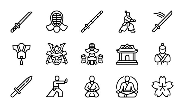 Japanese Martial Arts Icons, Samurai Warrior Symbols, Zen Meditation Graphics, Cultural Elements Vector Set