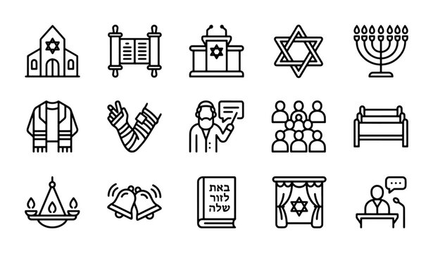 Jewish Religious Icons Set, Synagogue, Torah Scroll, Menorah, Star of David, Culture Symbols