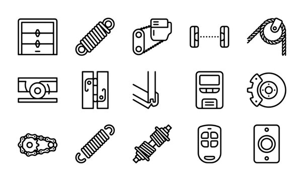 Garage Door Parts Icons, Automatic Opener Components, Spring Mechanisms, Remote Control Set