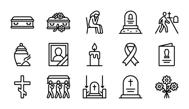 Funeral Icons Set, Grief and Mourning Symbols, Cemetery and Memorial Vector Graphics