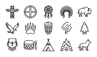 Native American Icons Set, Tribal Symbols, Indigenous Culture Vector Graphics, 15 Elements © Sadia