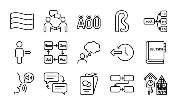 German Language Learning Icons, Linguistics Symbols, Educational Concepts, 15 Vector Elements