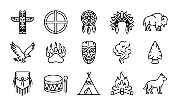 Native American Icons Set, Tribal Symbols, Indigenous Culture Vector Graphics, 15 Elements
