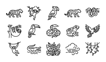 Obraz premium Jungle Animals Vector Icons, Tropical Wildlife Line Art, Exotic Creatures Collection
