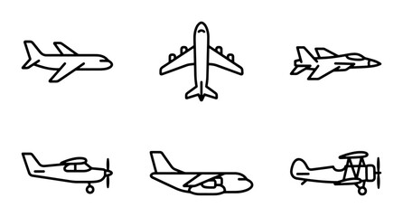 Airplane Icons Set: Commercial Jet, Fighter Jet, Propeller Plane, Biplane, Vector Graphics © Sadia