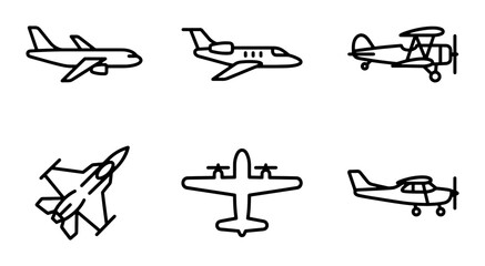 Diverse Aircraft Icons: Jetliner, Biplane, Fighter, Propeller Planes, Vector Set © Sadia