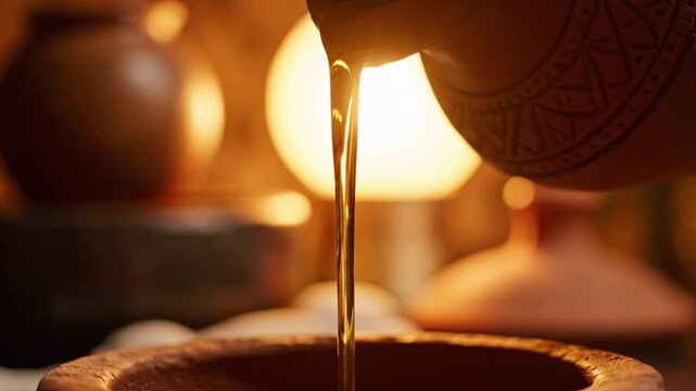 Golden liquid oil pouring from a traditional clay pot into a rustic earthenware bowl, warm ambient lighting