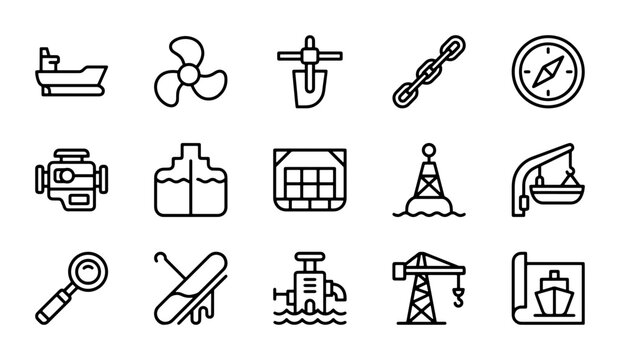 Nautical Icons Set: Marine, Ship, and Maritime Symbols for Ocean and Sea Navigation