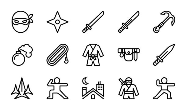 Ninja Warrior Icons, Martial Arts Symbols, Samurai Sword & Shuriken Vector Set