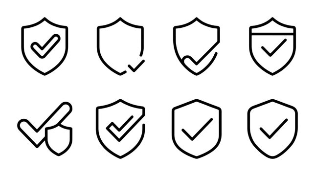 Shield Icons Set, Security Check Mark Symbols, Protection Guarantee Vector Graphics, Safety Assurance Emblems