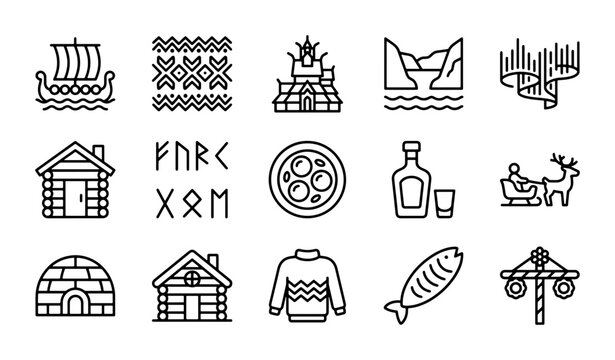 Nordic Icons Set: Viking Ship, Aurora, Igloo, House, Sweater, Fish, Symbols