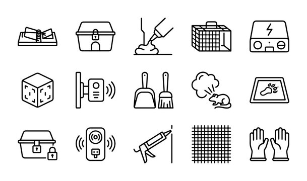 Pest Control Icons Set, Rodent Traps, Deterrents, Sealants, Protective Gear, Vector Graphics
