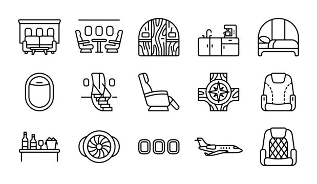 Airplane Interior Icons, Aviation Seating & Cabin Elements, Business Jet Vector Set