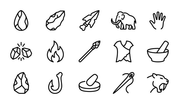 Prehistoric Icons Set: Stone Age Tools, Mammoth, Fire, Caveman Clothing, Hunting Gear, Ancient Life