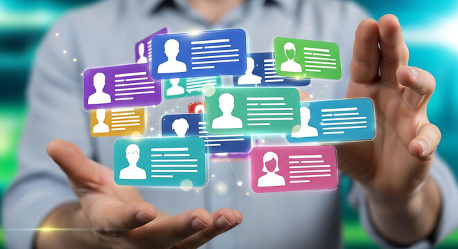 A person's hands holding digital profiles representing a network or community of people