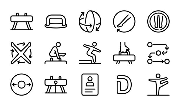Gymnastics Icons Set, Artistic Sport Equipment Vector Graphics, Athlete Training Symbols