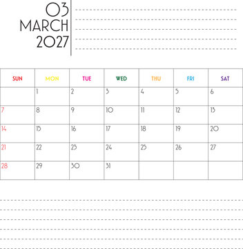 A calendar or planner for March 2027. Simple design with clean lines and plenty of space for notes. The week begins on a Sunday. Vector illustration.
