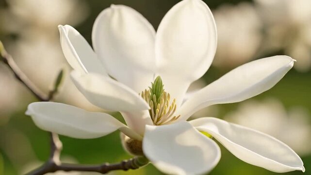 Elegant white magnolia flower in soft natural light, delicate petals unfurling, symbolizing spring, beauty, and renewal, ideal for nature or spa themes