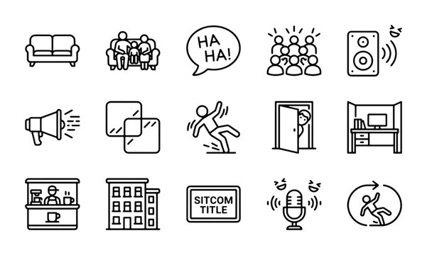 Sitcom Elements Icons: Sofa, Audience, Laughs, Stage, Speaker, Megaphone, Door, Office, Building, Stage