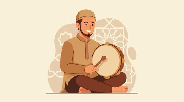 Man sitting cross-legged playing a drum.