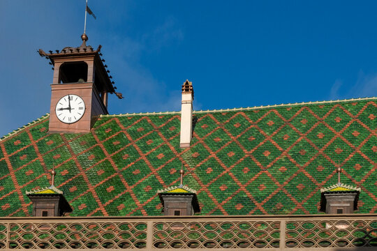 Colorful patterned roof tiles in Colmar, France