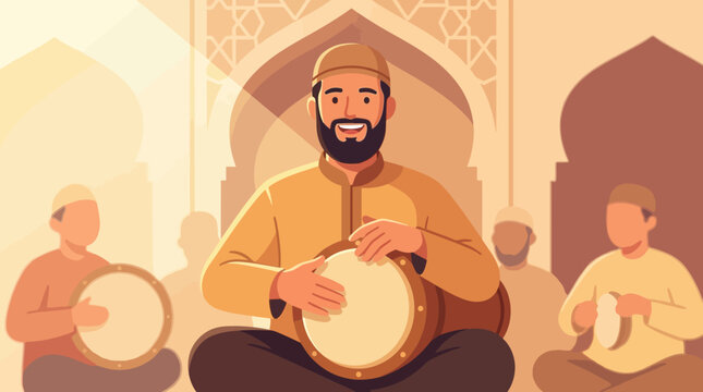 Traditional Middle Eastern drummers playing instruments.