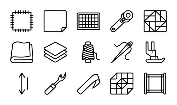 Sewing and Quilting Icons, Crafting Tools Vector Set, Fabric, Thread, Needle, Rotary Cutter, Machine Foot