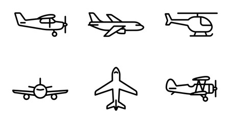 Aircraft Icons Set: Airplane, Helicopter, Biplane, Jet, Propeller Plane Vector Graphics © Sajjad