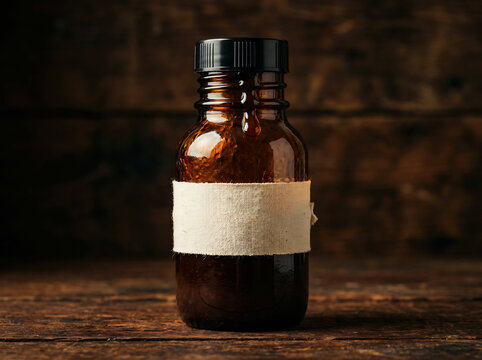 Brown glass apothecary bottle with black screw cap and white label, filled with dark amber liquid, rustic wooden background.
