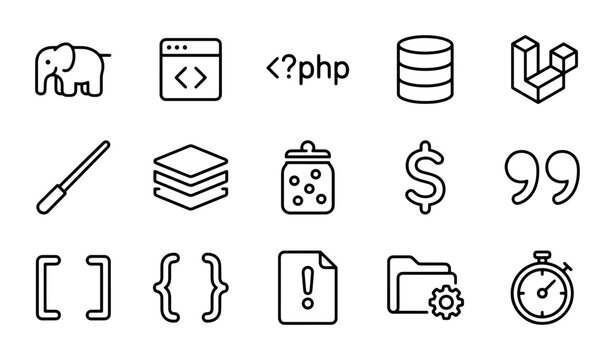 Programming Icons Set: Database, Code, PHP, Elephant, Stopwatch, Folder, Dollar Sign
