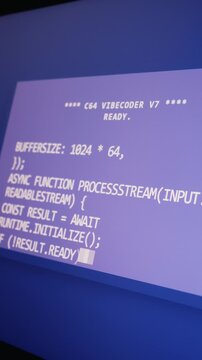 Retro computer screen displays programming code for an asynchronous stream function. The vintage blue interface features white text with technical parameters like latency and threads.