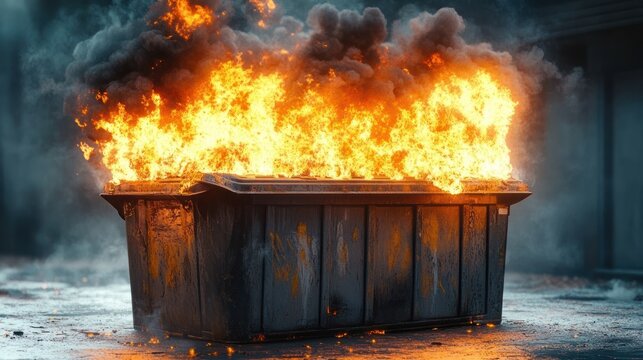 metal dumpster engulfed in roaring orange flames and thick black smoke on wet urban pavement, chaotic intense scene of burning trash and soot