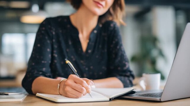 Writing down Ideas: A focused individual in the midst of creative flow, diligently penning ideas and reflections in a notebook with a pen, surrounded by a laptop and a mug.