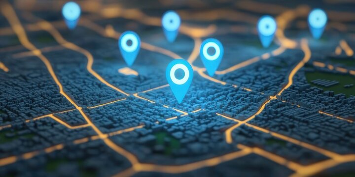 3d urban map with illuminated street grid and multiple blue location pins evoking futuristic connected navigation and precise geolocation