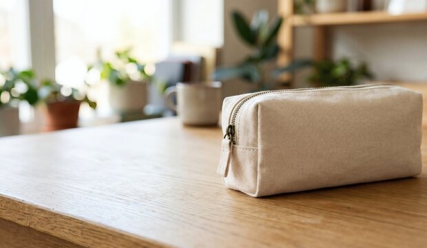 Blank natural canvas zipper pencil case mockup on a wooden desk