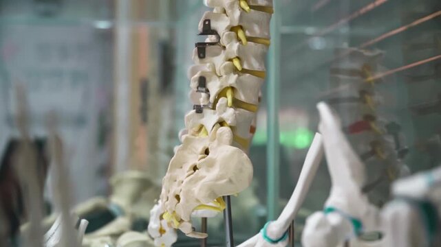 Human spine with titanium rods and screws used for spinal fusion surgery