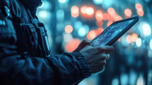 anonymous person in dark jacket holding a glowing tablet with digital data on screen against blurred colorful city lights at night, focused and observant