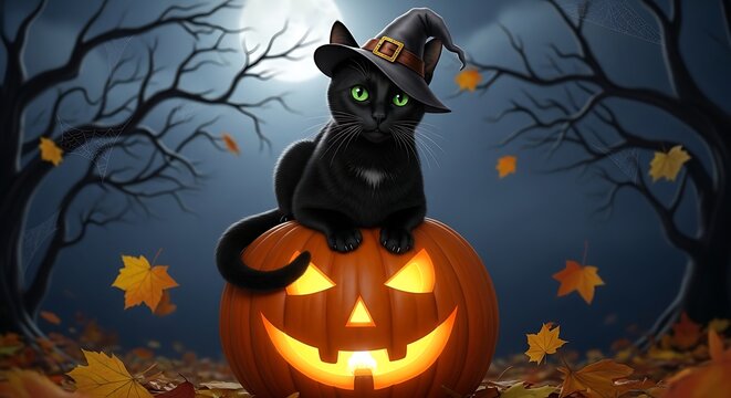 Black cat sitting on jack o lantern.