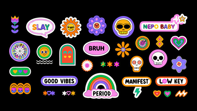 collection of colorful sticker designs with playful typography and floral elements on a black background high quality professional