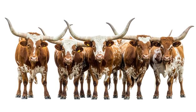 Group of five cattle with prominent, curving horns, posed in a front-facing row against a stark white backdrop