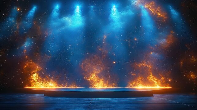 Empty circular stage lit by intense blue spotlights with roaring flames and a cosmic starry backdrop, dramatic energetic atmosphere