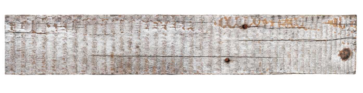 Old weathered wooden plank with peeling white paint isolated on white background